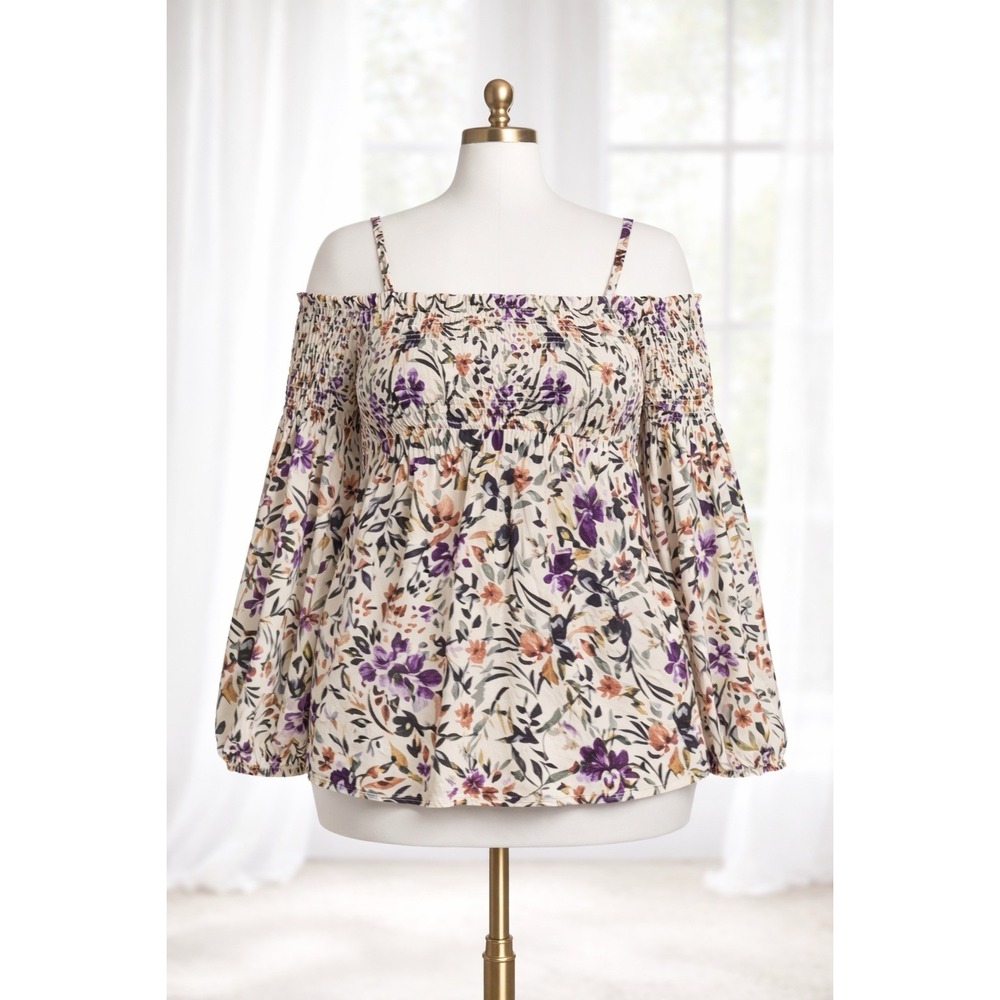 Torrid Challis Top Smocked Floral Cold Shoulder Blouse Boho Preppy Taupe 5 5X